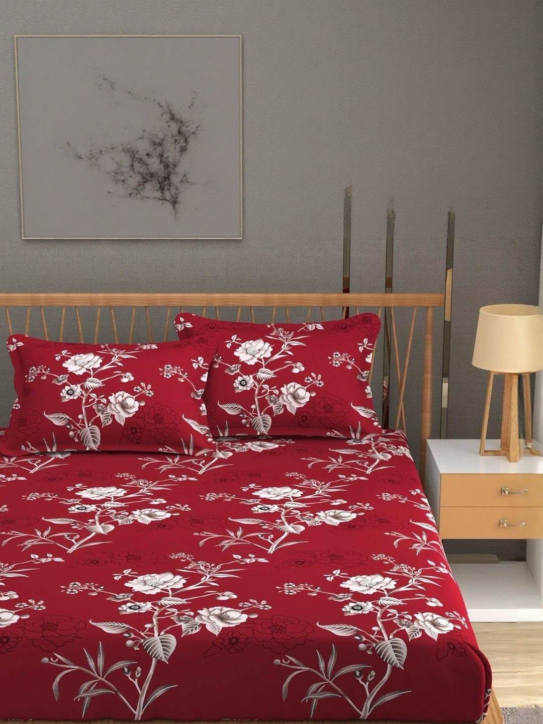 NEW TOWN Red & White Floral Printed Cotton 210 TC King Bedsheet With 2 Pillow Covers