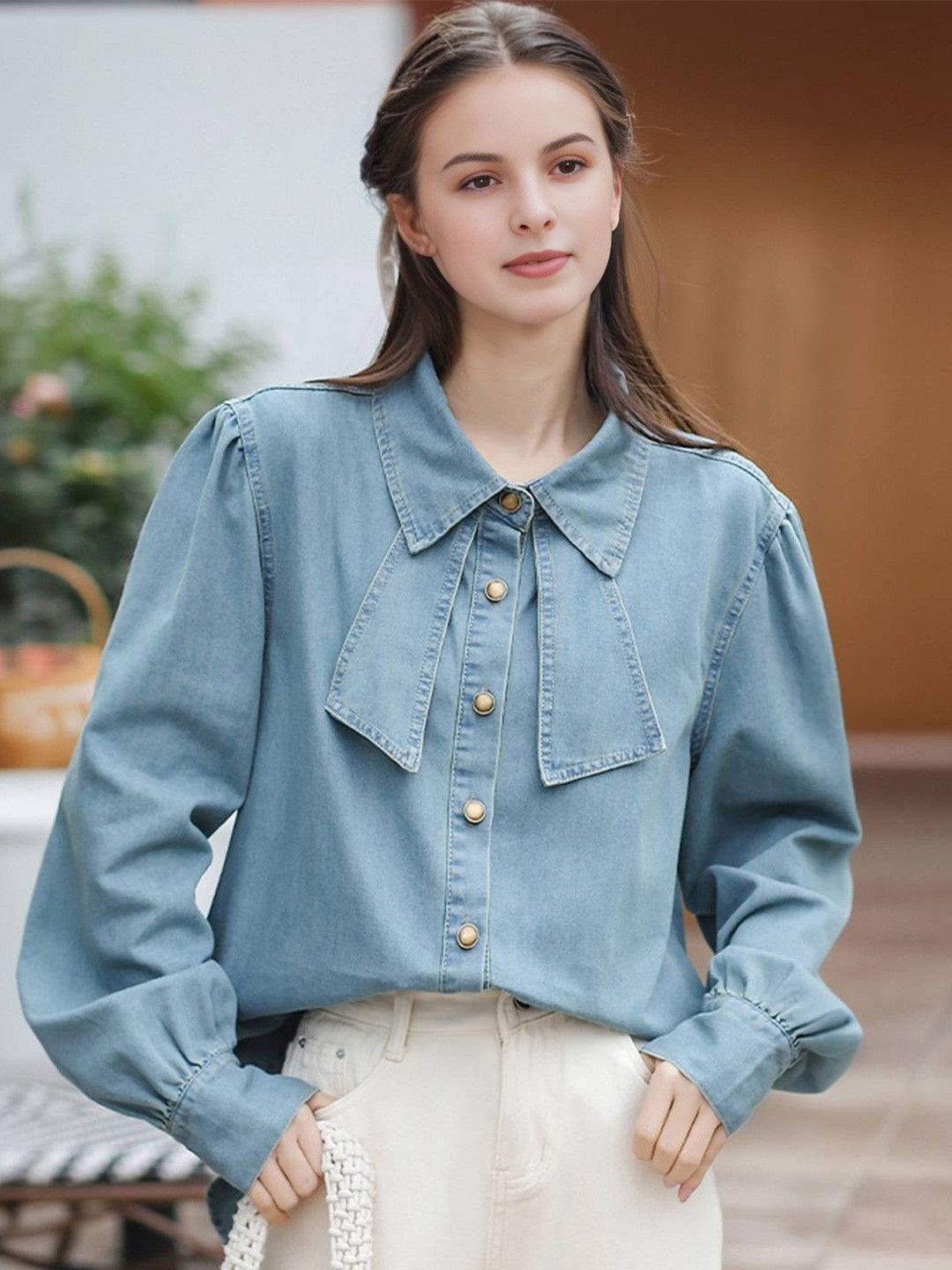 HERE&NOW Women Bow Tie Neck Denim Jacket