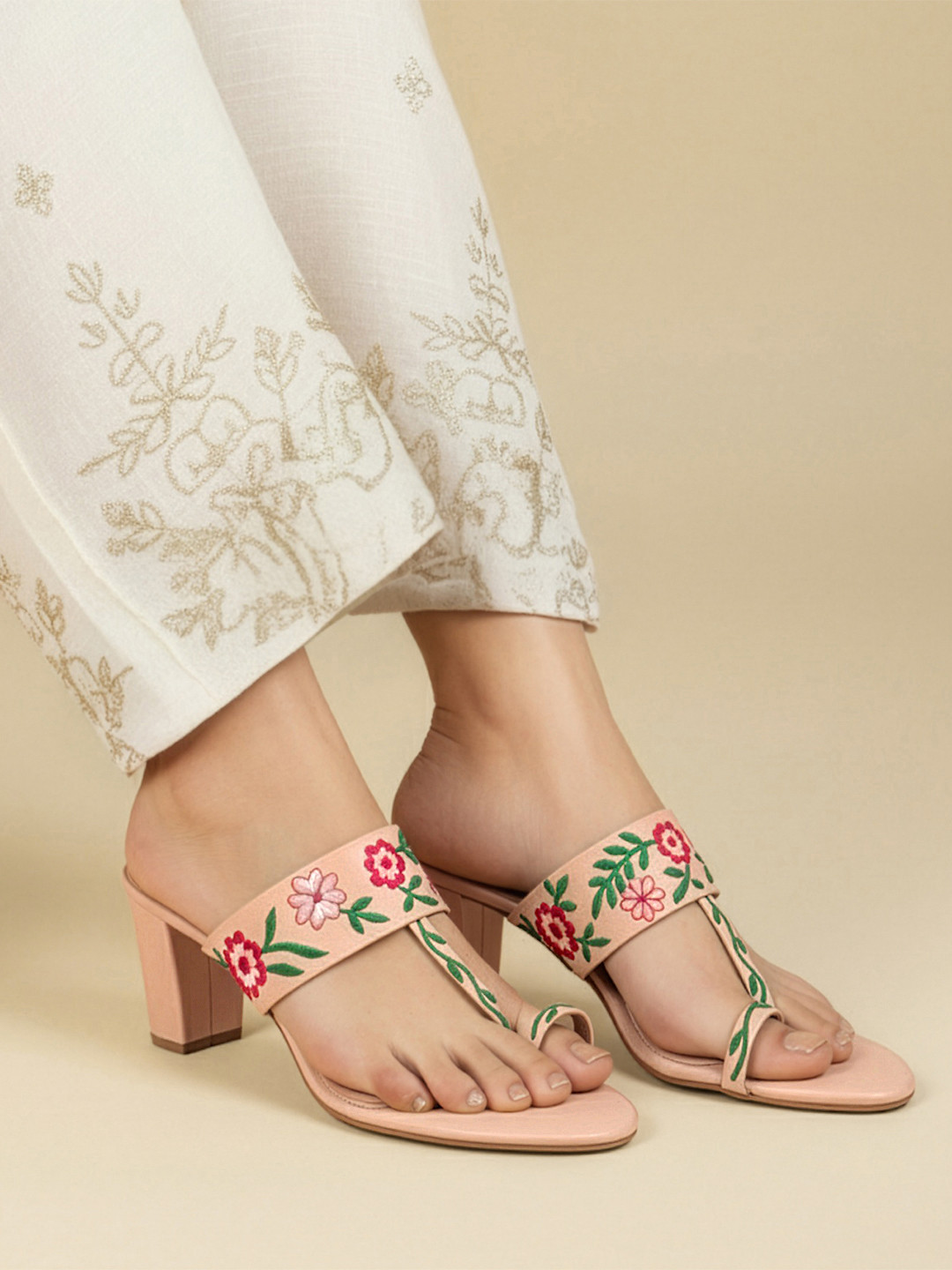 House of Pataudi Floral Embroidered Block Heels