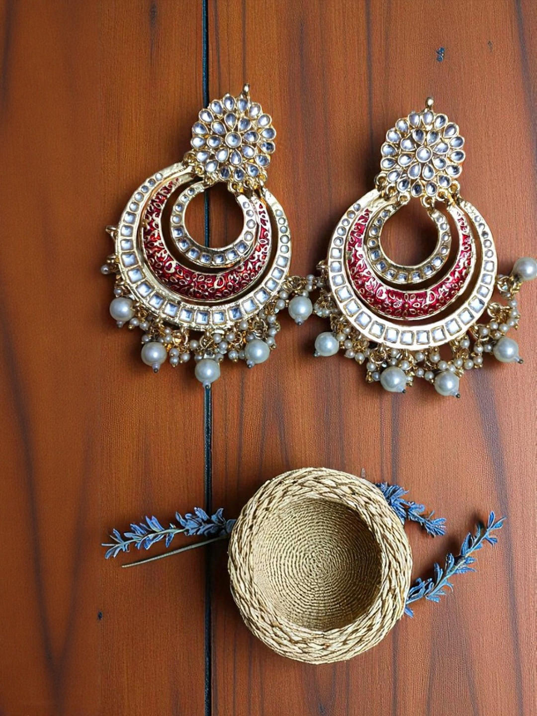 FASHION EMPIRE Women Meenakari Kundan Chandbali Earrings With Pearl Drops