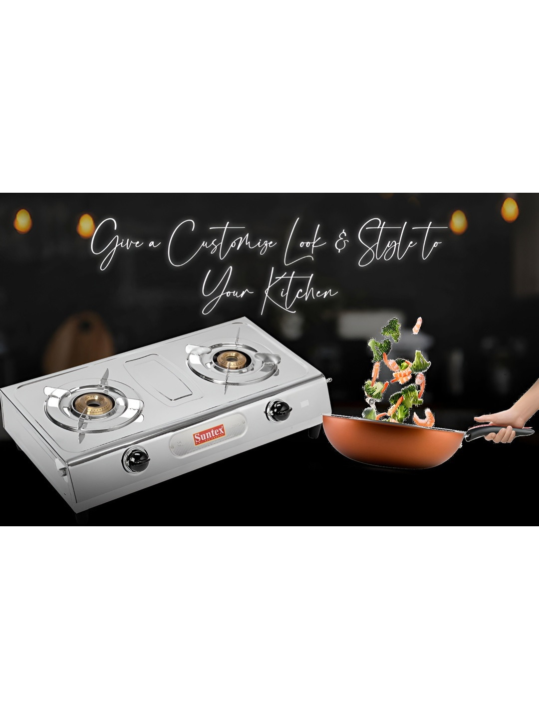 Suntex White & Black Stainless Steel 2 Burners Manual Gas Stove