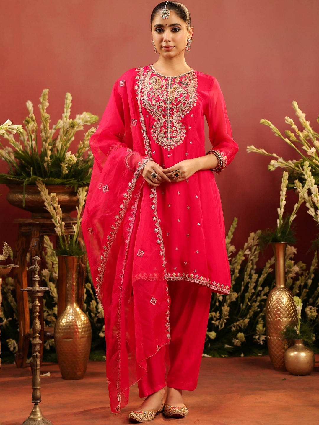 SCAKHI Women Fuchsia Organza Silk Embroidered Anarkali Suit Set