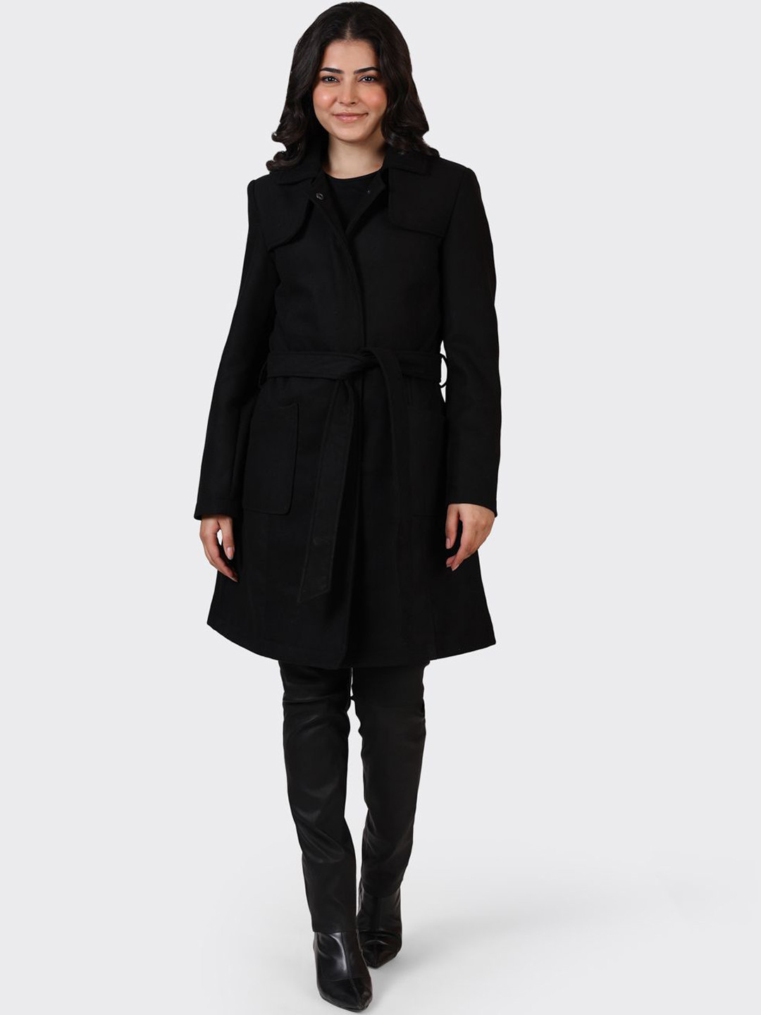 HUE & HIDE Women Wool Spread Collar Striped Solid Open Front Jacket