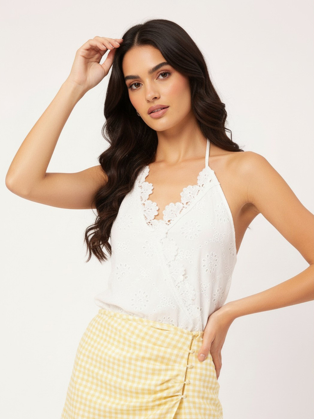 DressBerry Princess Perfect Schiffli Lace Halter Neck Bodysuit