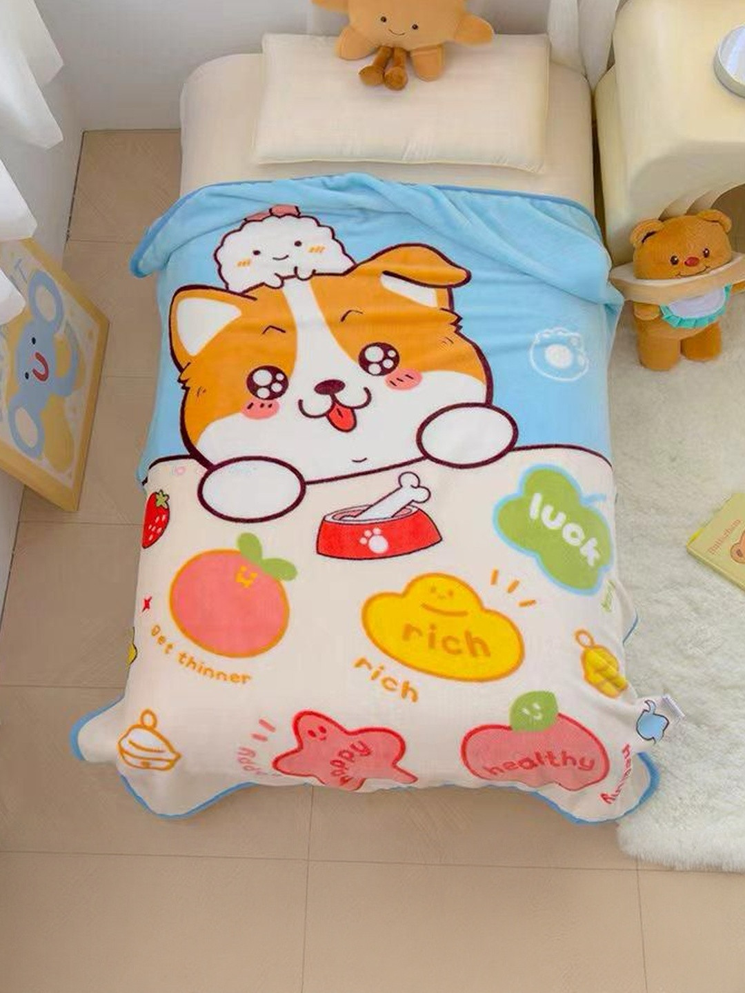 Butterthief Kids White & Orange Cartoon Characters Sherpa Heavy Winter 350 GSM Blanket
