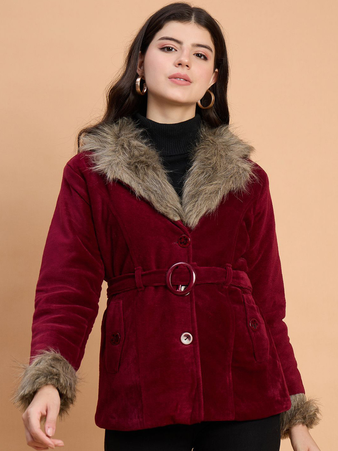 The Roadster Lifestyle Co Velvet Soft Fur Belted Winter Coat