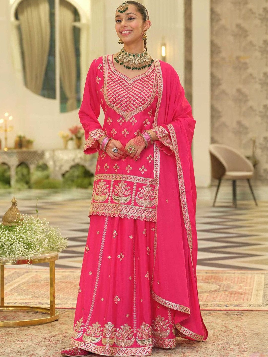 Indo Era Ethnic Motifs Embroidered V-Neck Straight Kurta With Sharara & Dupatta