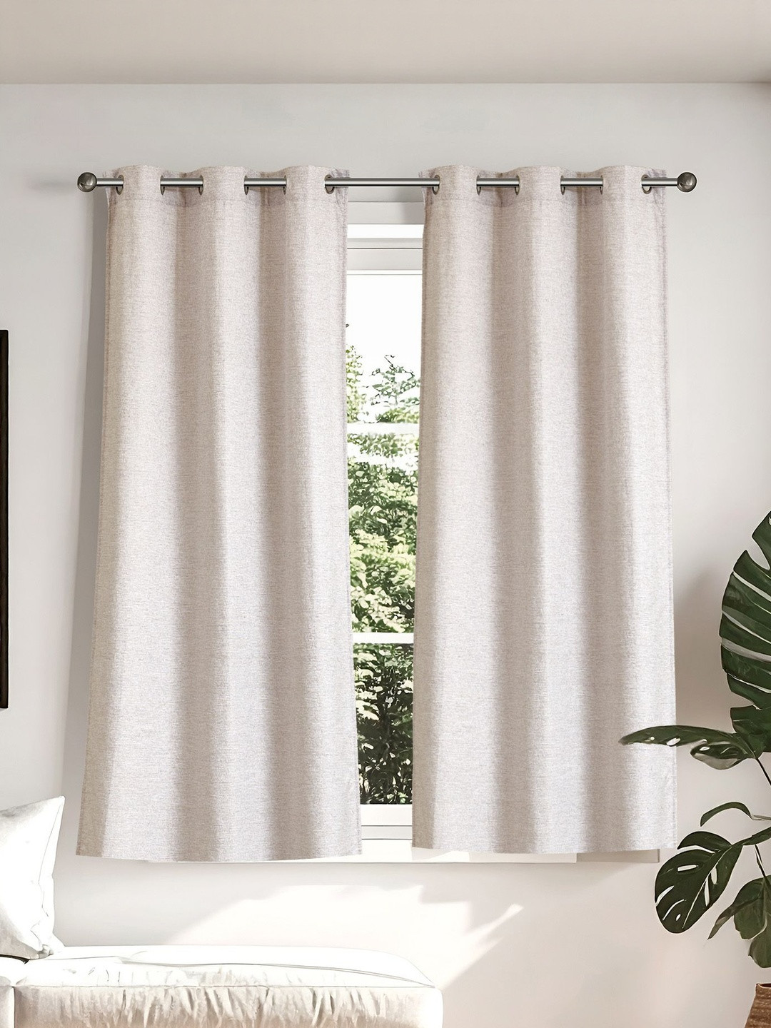Home Centre Drift Melange Beige & White 2 Pieces Printed Room Darkening Window Curtains
