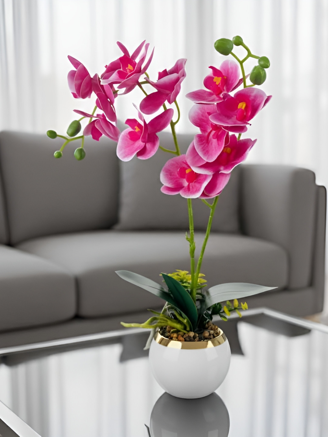 Go Hooked Pink & Green Artificial Orchid Flower With Ceramic Pot
