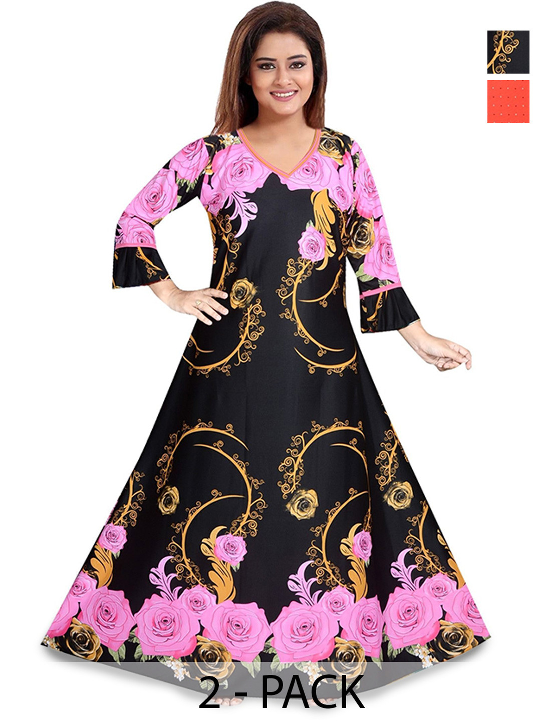 PURSA Pack Of 2 Floral Printed V-Neck Three-Quarter Sleeves Satin Maxi Nightdresses