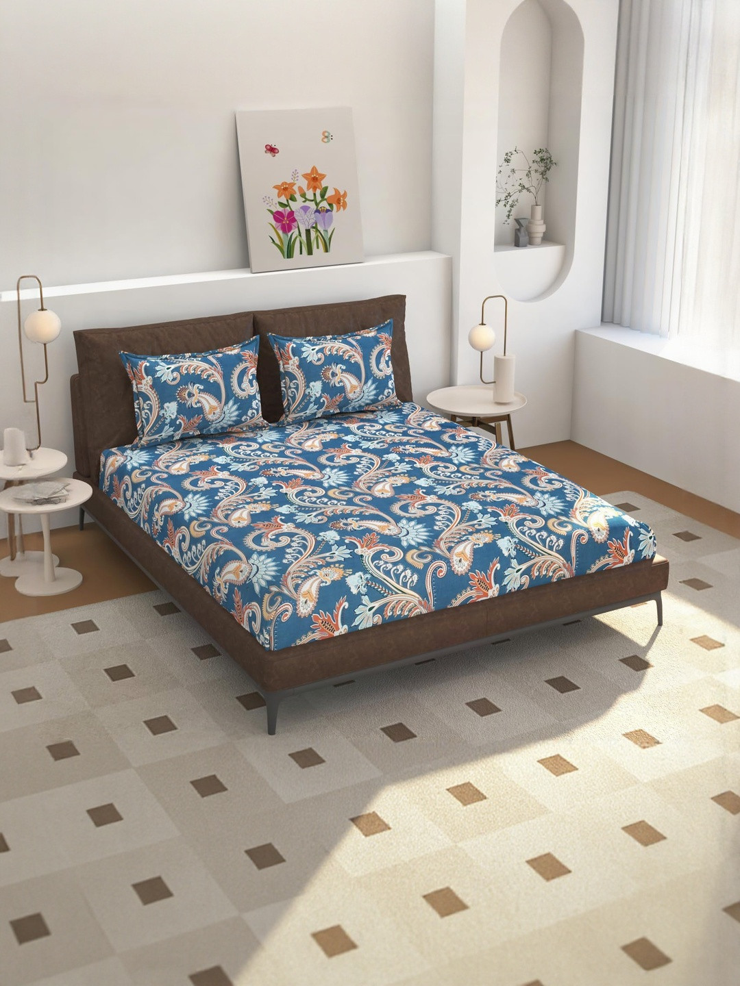 NEW TOWN Blue & Brown 210 TC King Bedsheet Set