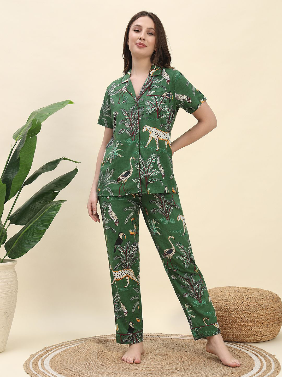 Ameerah Tropical Printed Lapel Collar Pure Cotton Shirt With Pyjamas