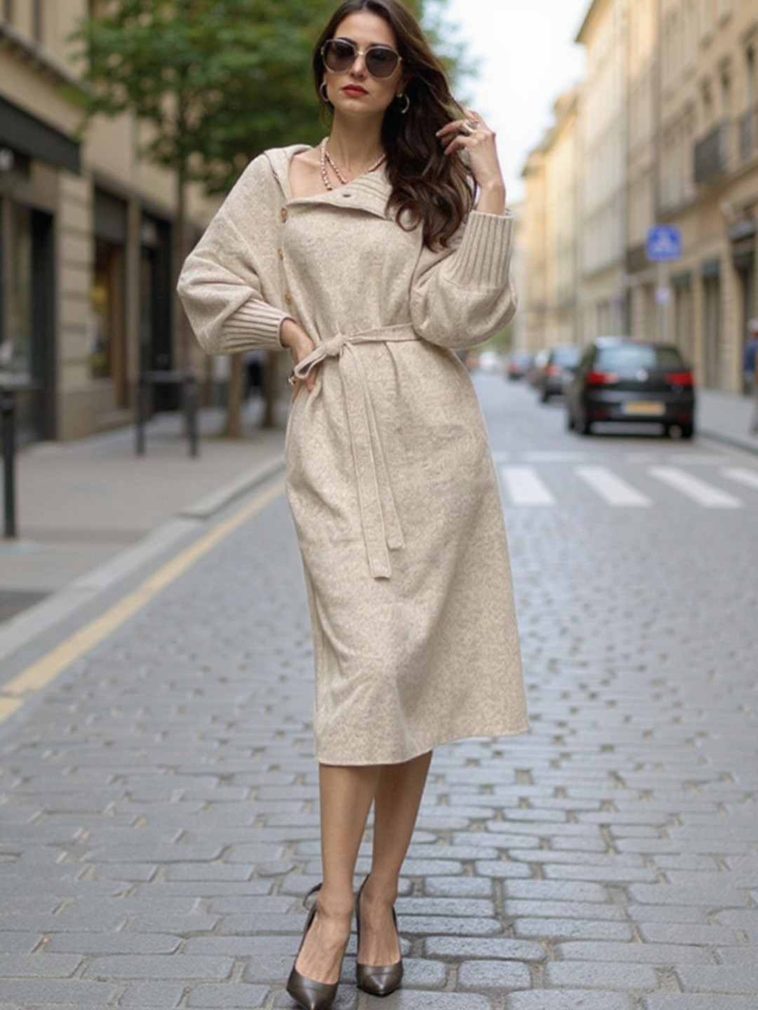 HERE&NOW Puff Sleeve Waisted Belted Midi Dress
