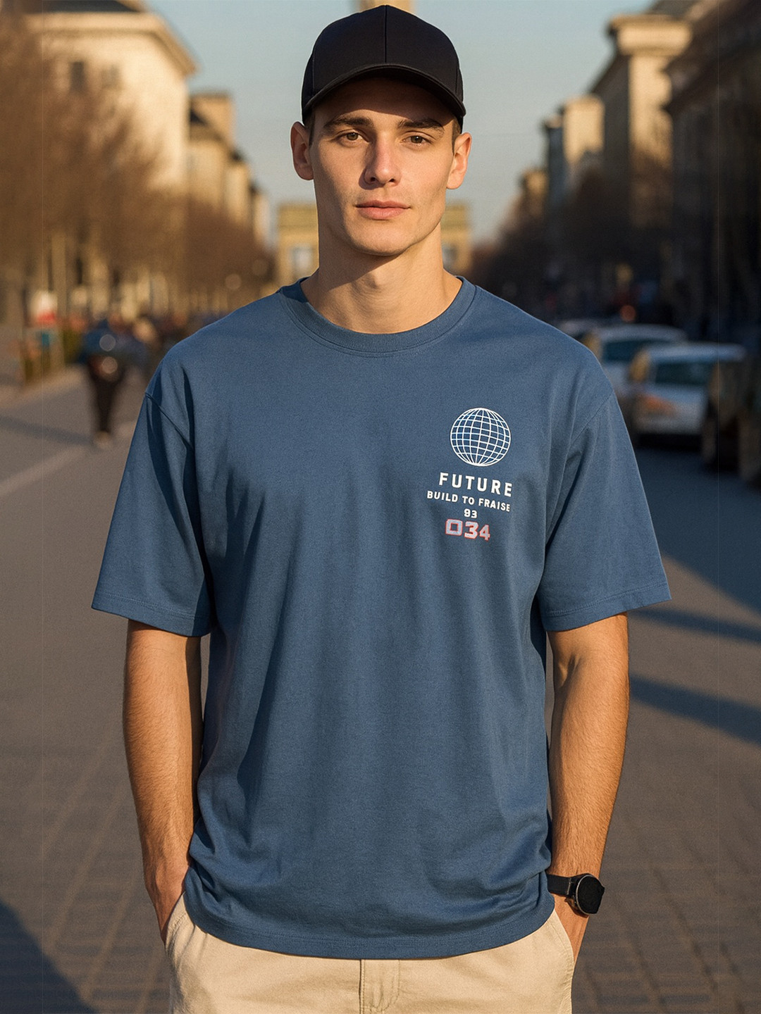 Blue Typography Printed Oversized Cotton T-shirt