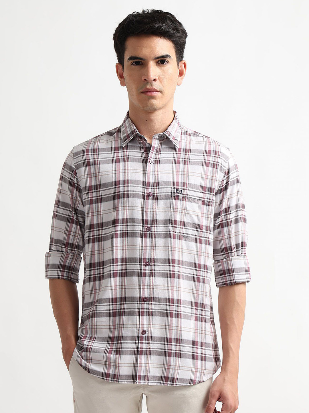 Arrow Sport Men Herringbone Slim Fit Checked Spread Collar Pure Cotton Casual Shirt