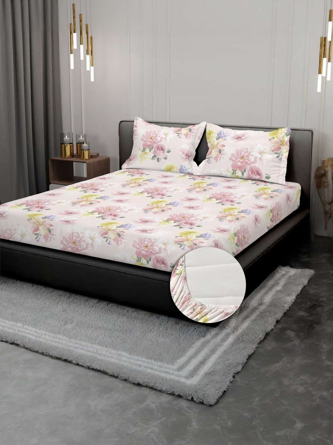 kurry home furnishing Pink & Yellow Floral 300 TC Cotton Bedsheet with 2 Pillow Covers