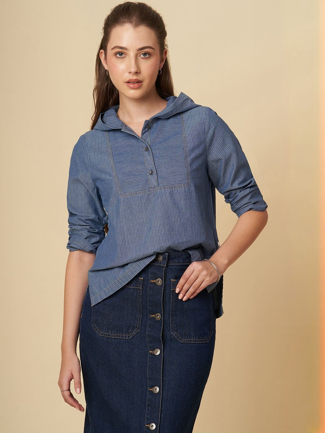 Chemistry Woman Striped Cotton Denim Hooded Regular Top