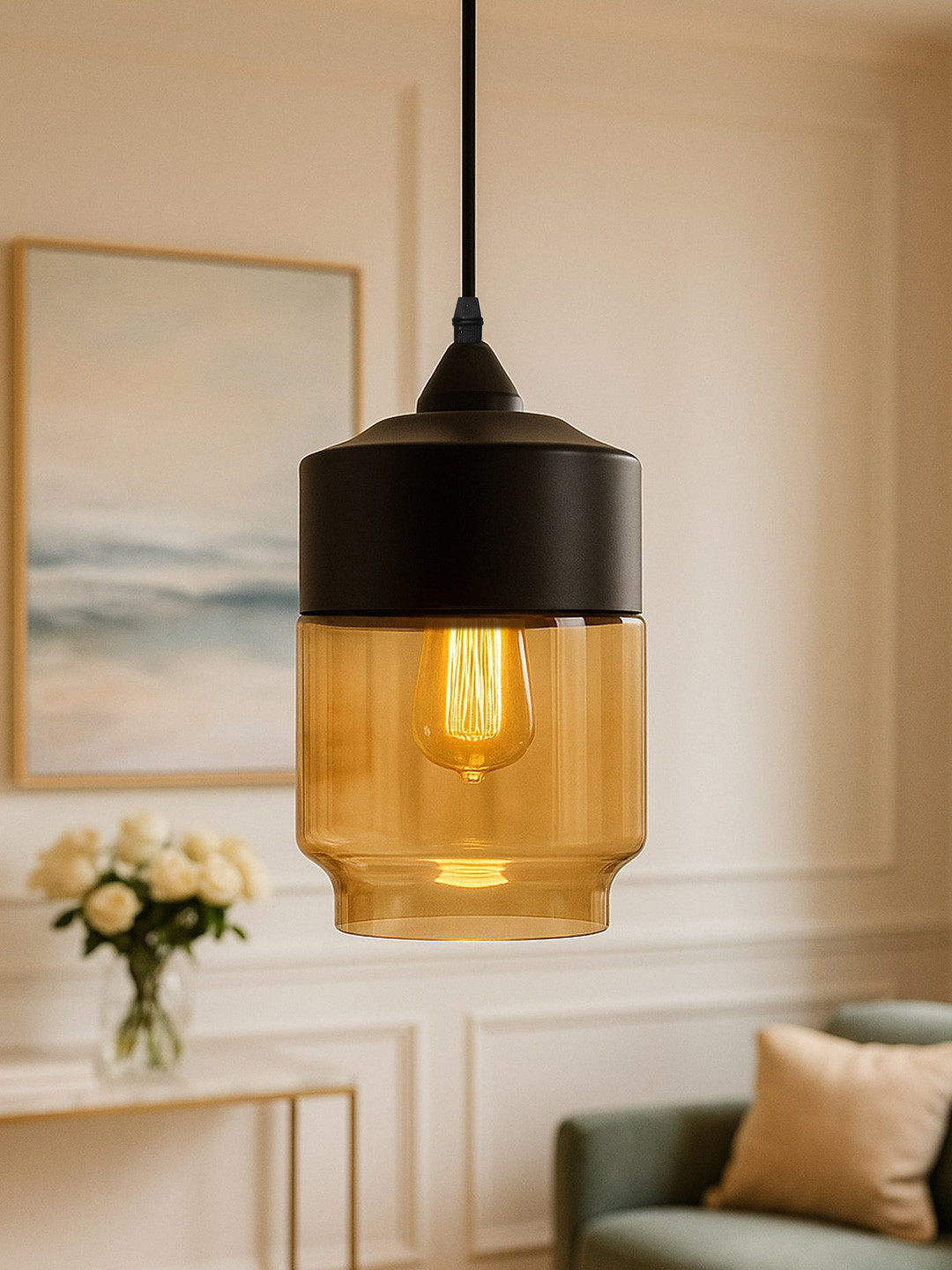 Homesake Black & Transparent Solid Cylindrical Shaped Glass Pendant Hanging Lamp
