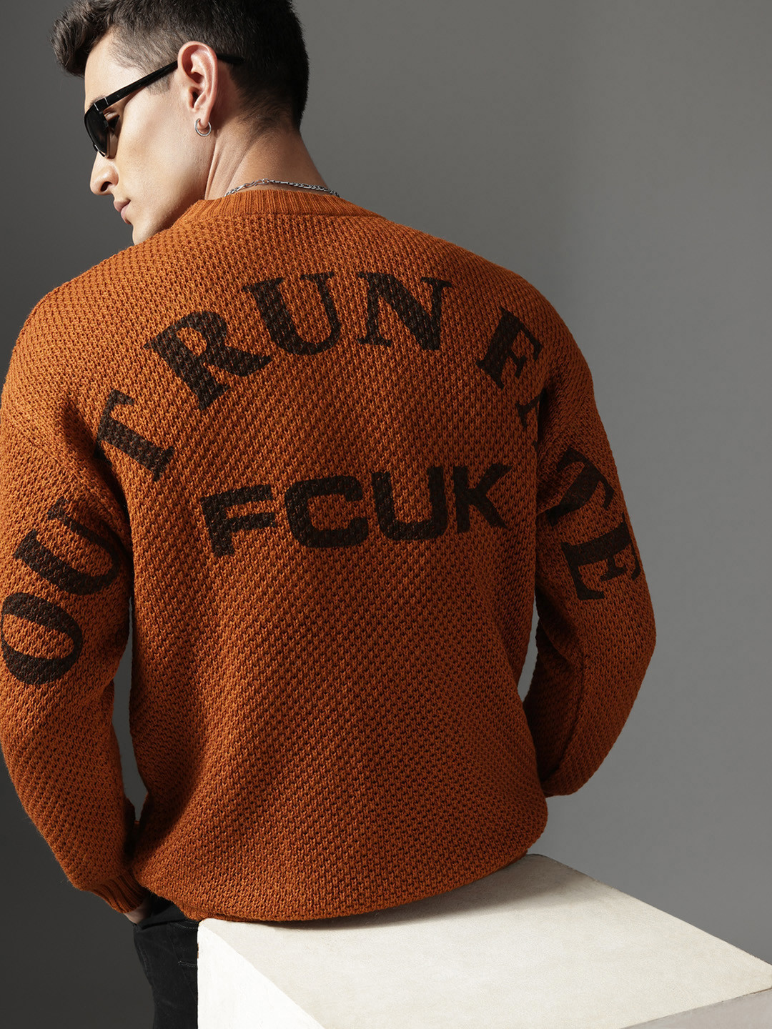 FCUK Typography Self Designed Pure Acrylic Pullover