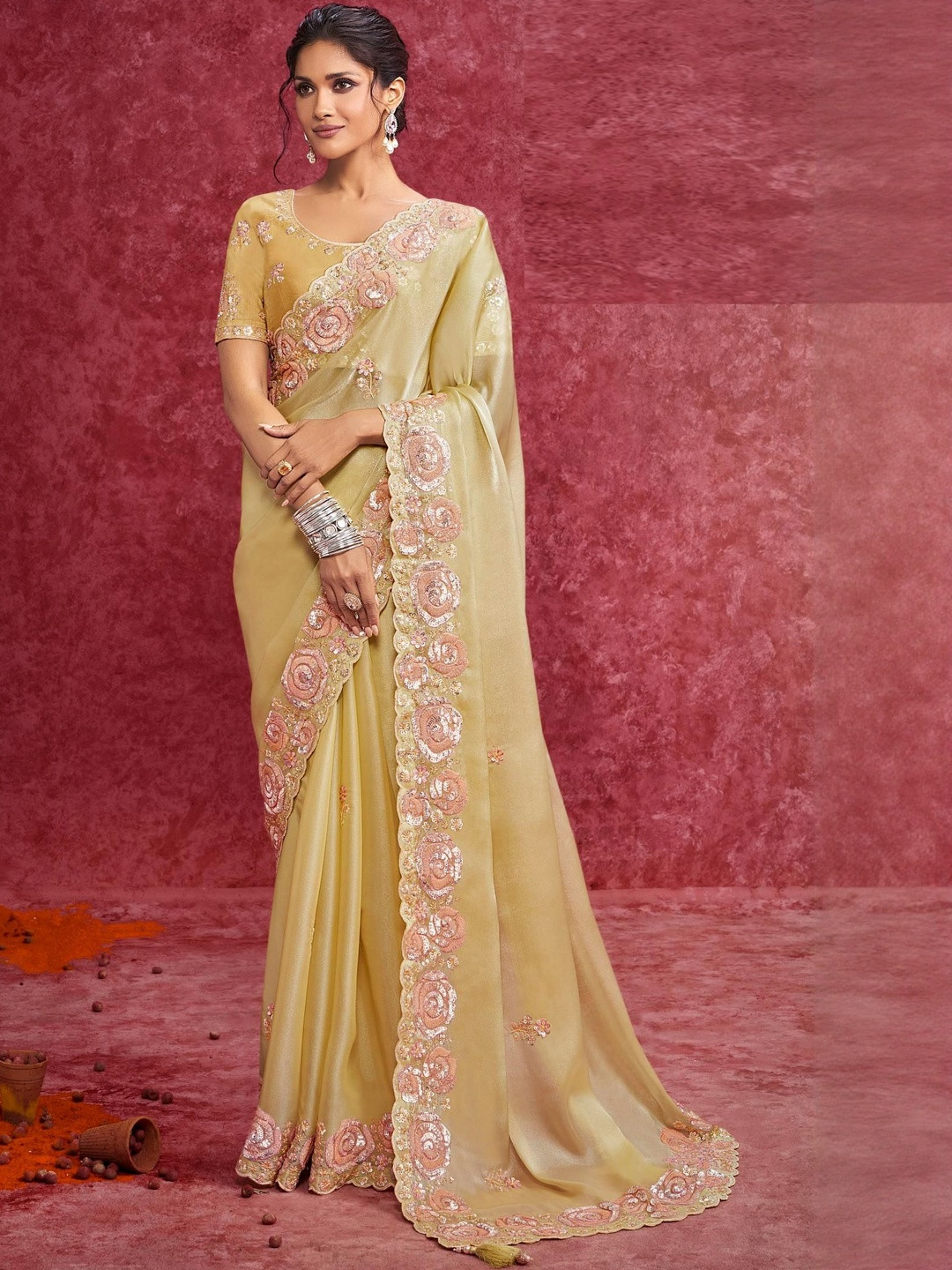 MAHALASA Floral Embroidered Net Heavy Work Saree with Blouse Piece