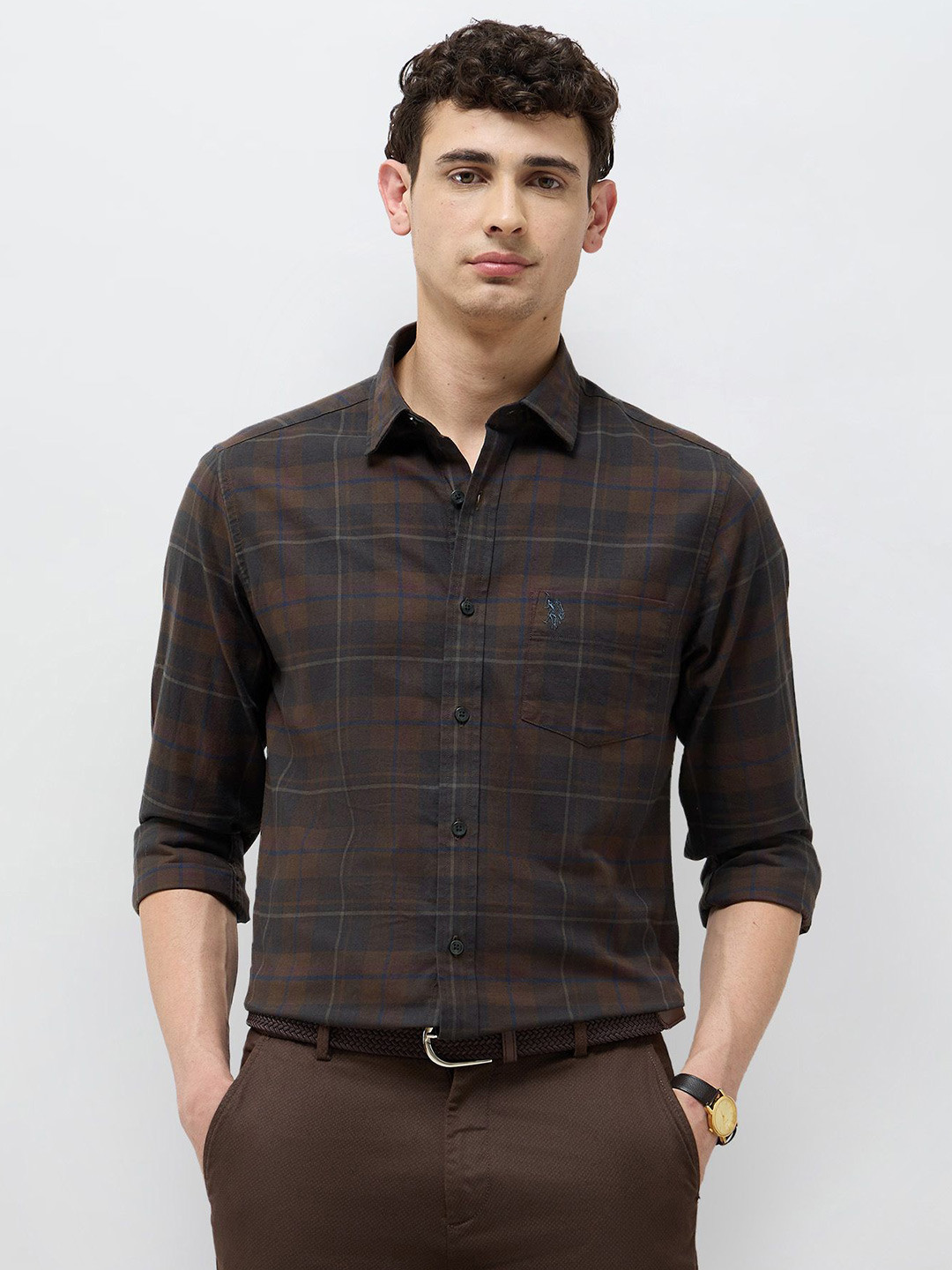 U.S. Polo Assn. Checked Spread Collar Roll-Up Sleeves Tailored Fit Cotton Shirt