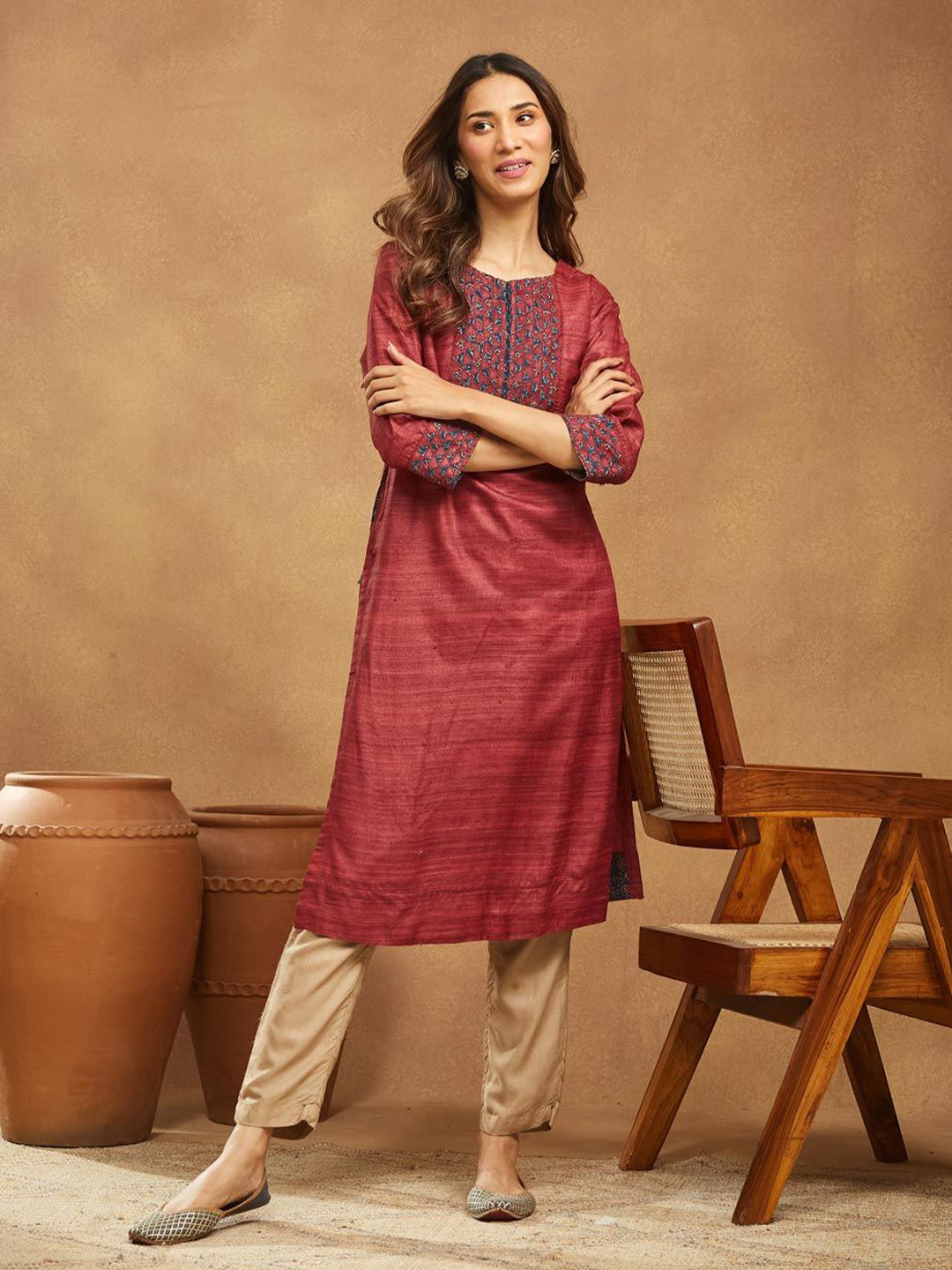 Fabindia Geometric Yoke Design Keyhole Neck Patch Work Kurta