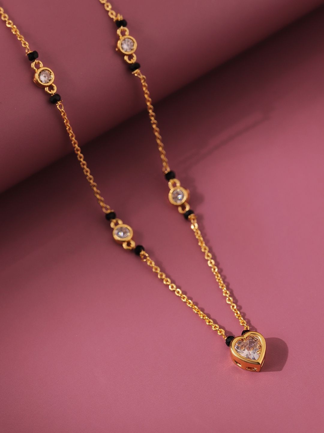 Voylla Gold-Plated American Diamond Stone Studded & Beaded Heartelle Mangalsutra