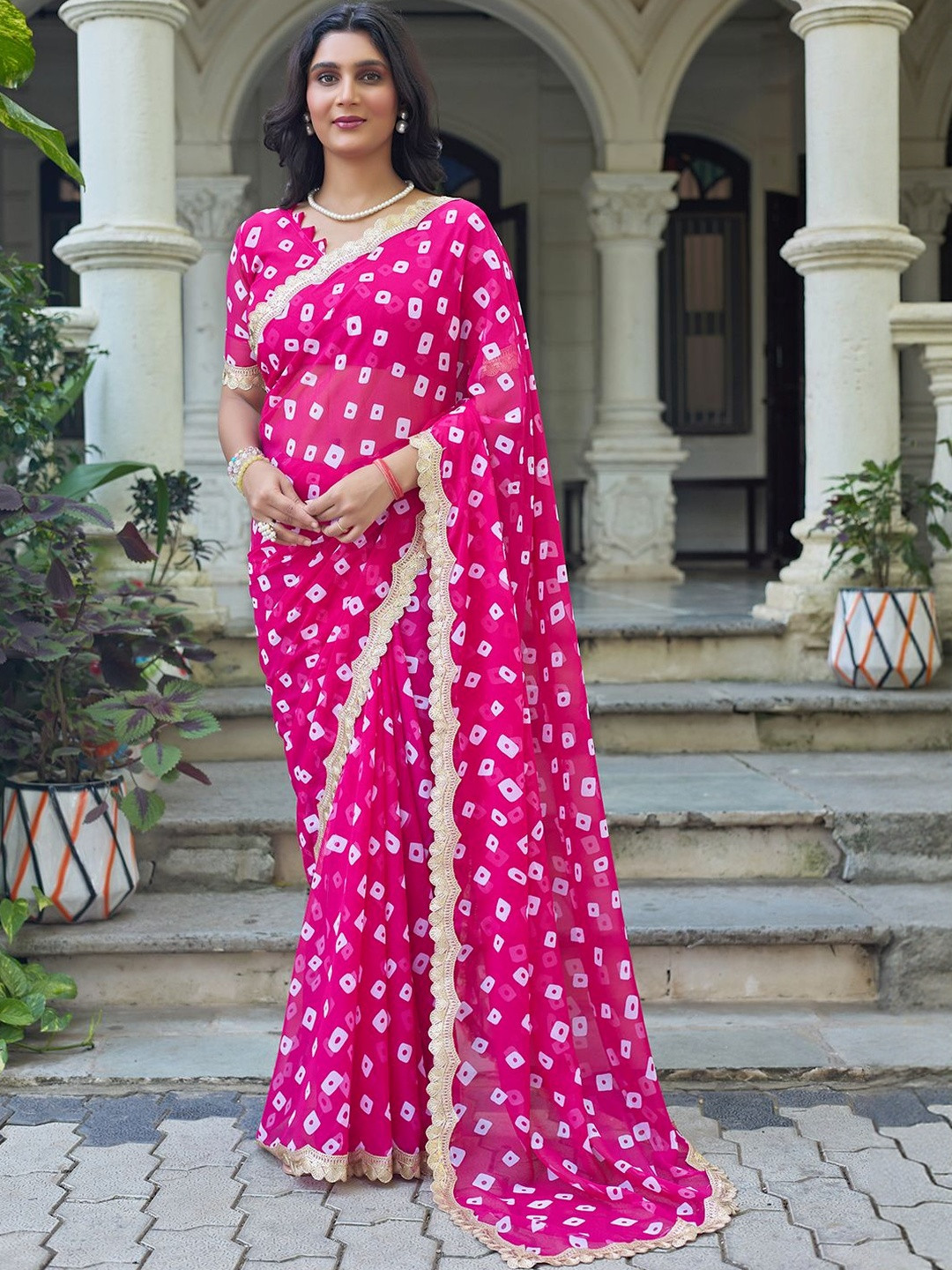 Prettyage Women Pink Bandhani Georgette Saree Adorned with Marwadi Lace Saree