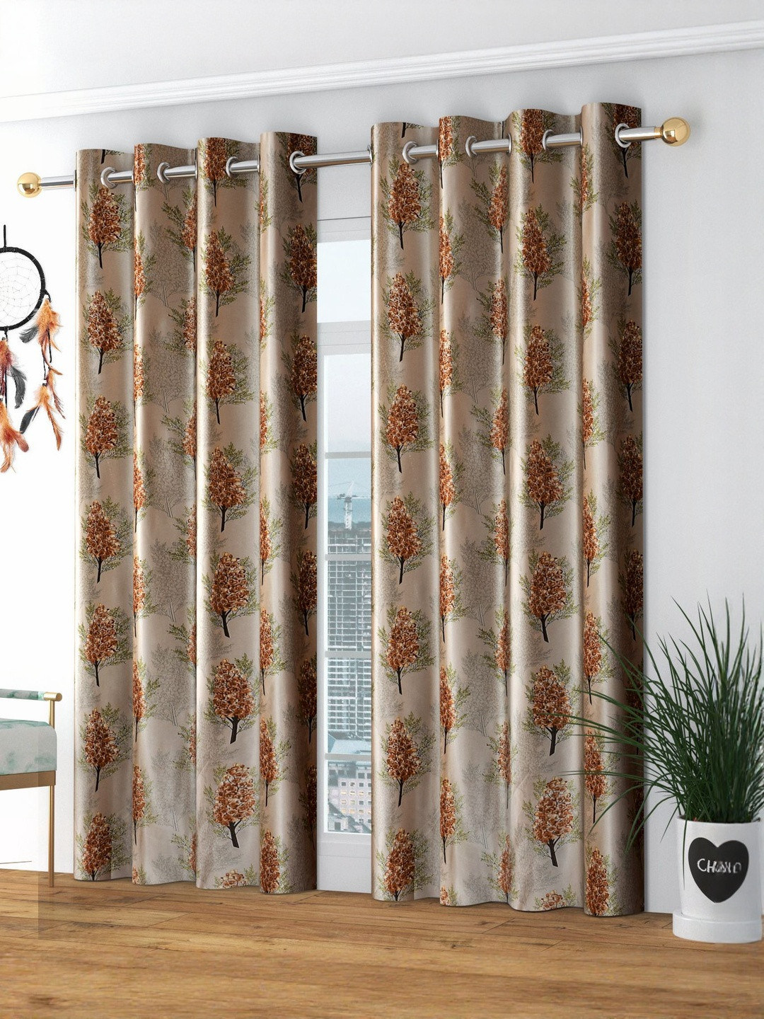 GEET CREATIONS Softy-Angur Coffee Brown 2 Pieces Printed Room Darkening Window Curtains