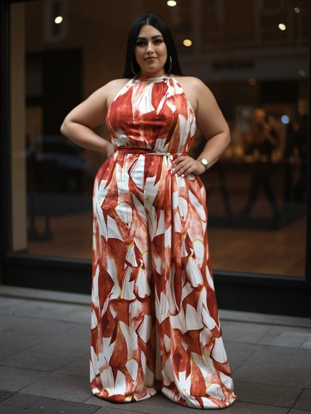 DressBerry Curve Women Abstract Printed Belted Halter Neck Sleeveless Plus Size Maxi Dress