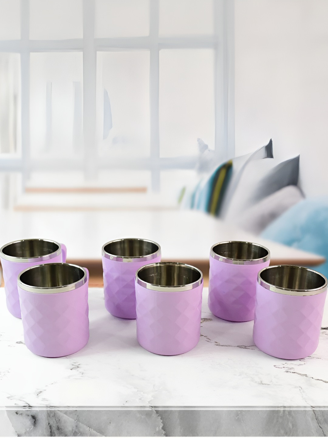 DeoDap Set of 6 Purple Double Wall Stainless Steel Tea Cups