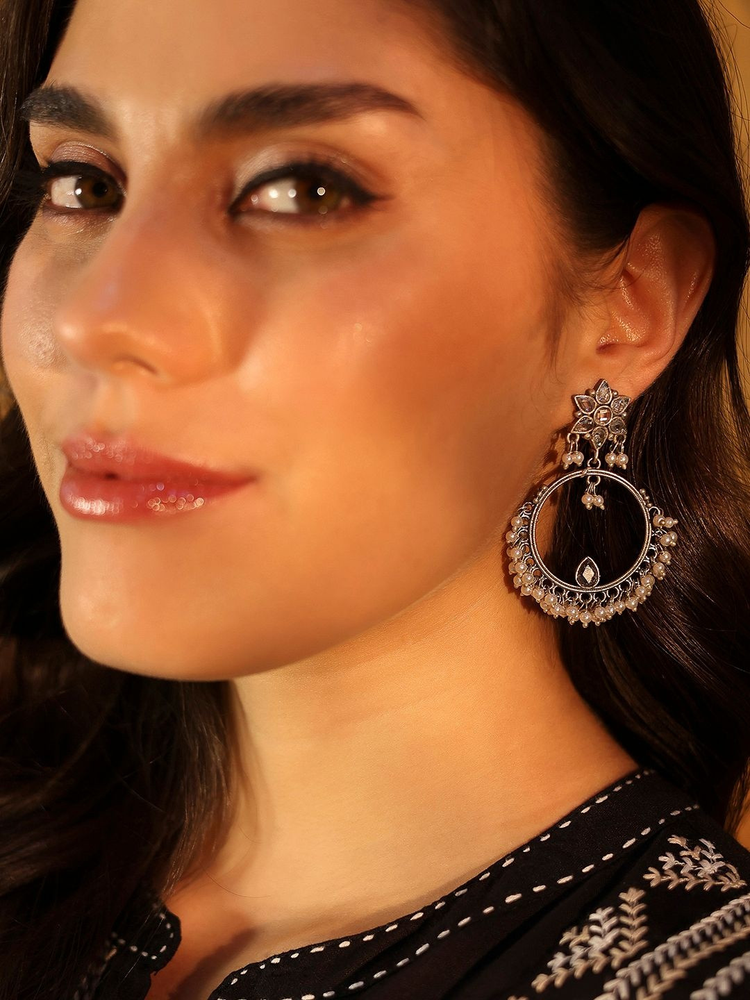 Biba Artificial Stones Studded And Beaded Circular Shaped Drop Earrings