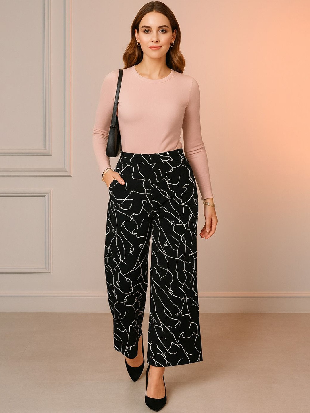 DTR FASHION Women Classic Fit Abstract Printed High-Rise Wide Leg Parallel Trouser