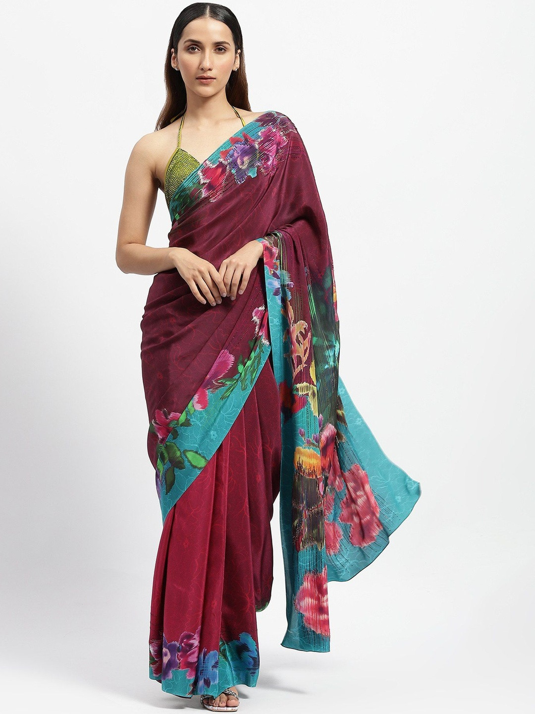 Satya Paul Floral Print Embellished Beads and Stones Saree with Blouse Piece