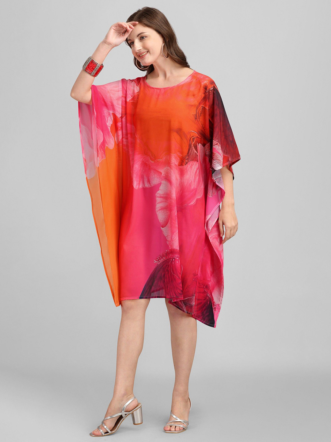 ROMONIA Floral Print Batwing Sleeve Georgette Kaftan Dress