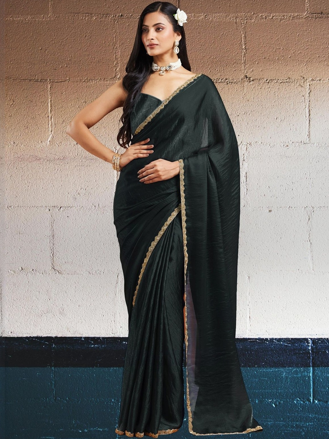 LOROFY Women Beads and Stones Tussar Saree with an Unstitched Blouse Piece