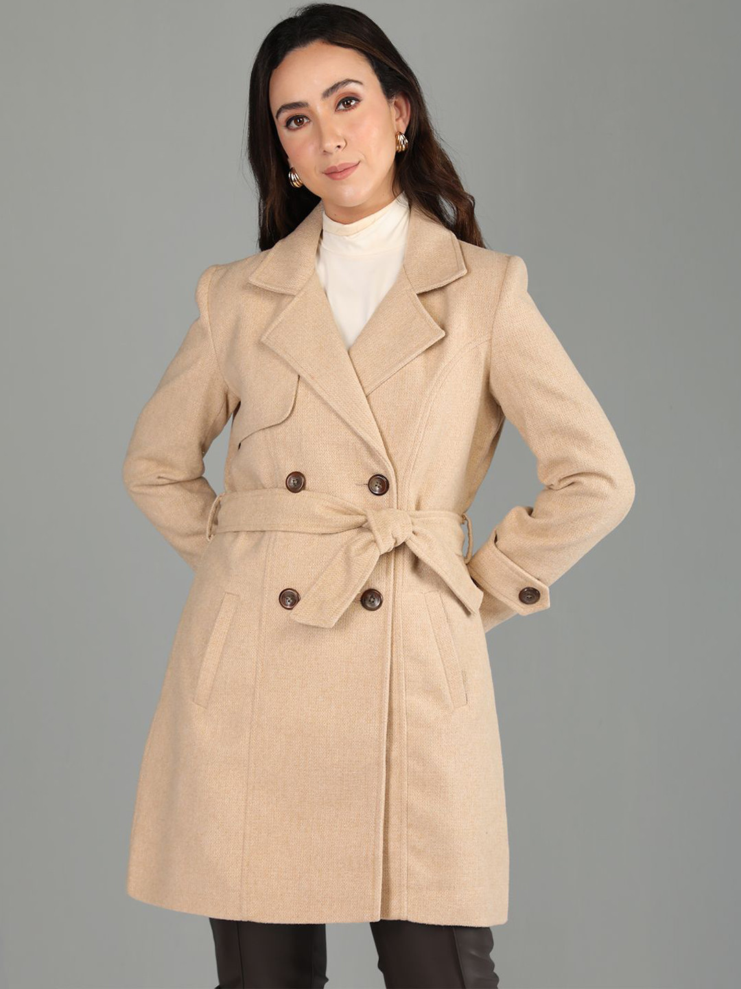 HONNETE Stylish Self-Design Regular Fit Long Sleeves Double Breasted Casual Winter Coat