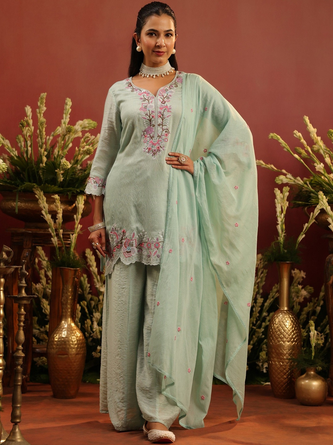 SCAKHI Women Embroidered Sea Green Mul Chanderi Embroidered Sharara Set