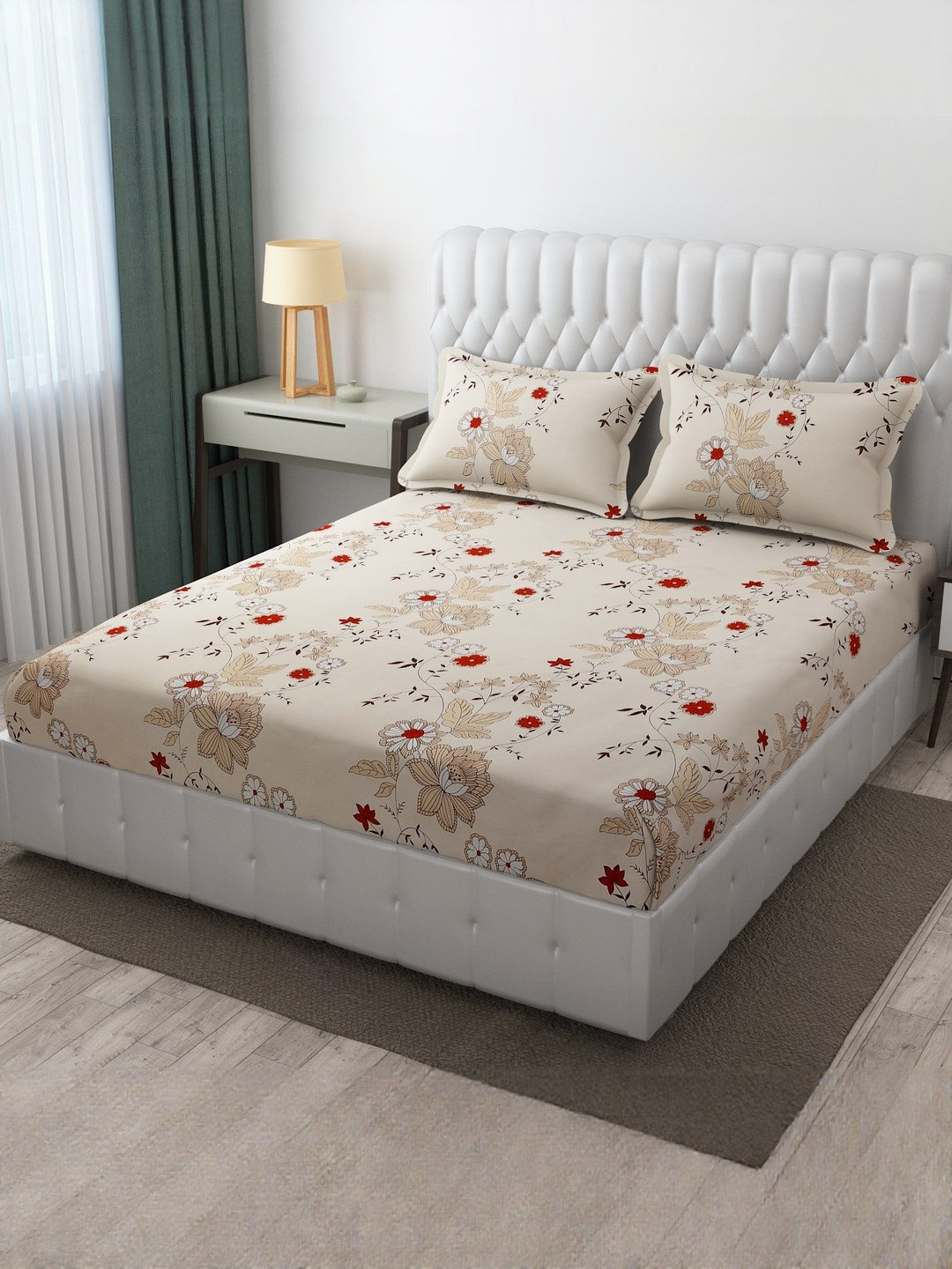 TINDLER KNOTS Beige & Red Floral 210 TC King Bedsheet with 2 Pillow Covers