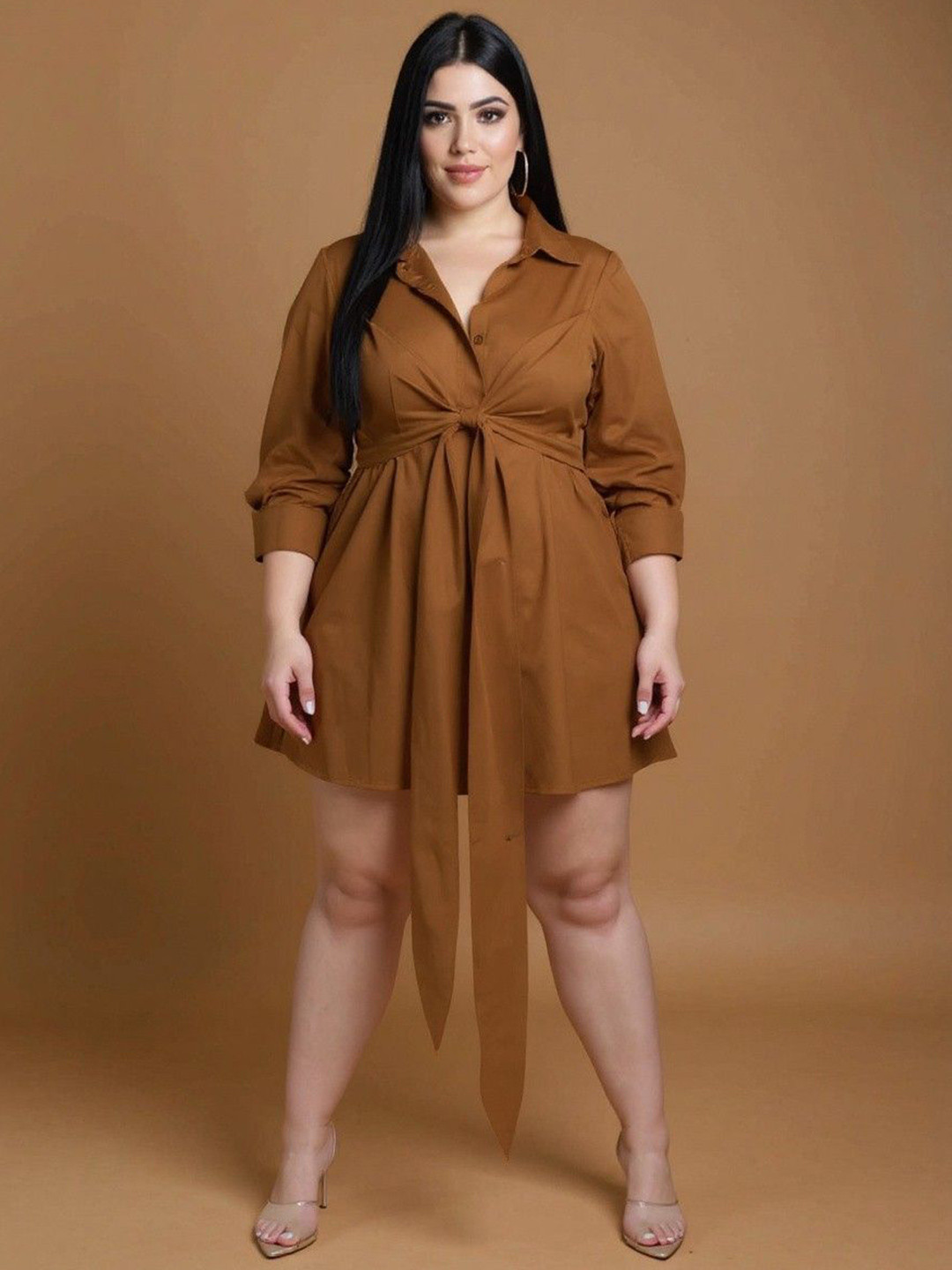 DressBerry Women Plus Size Shirt Collar Solid Curve Mini Shirt Dress