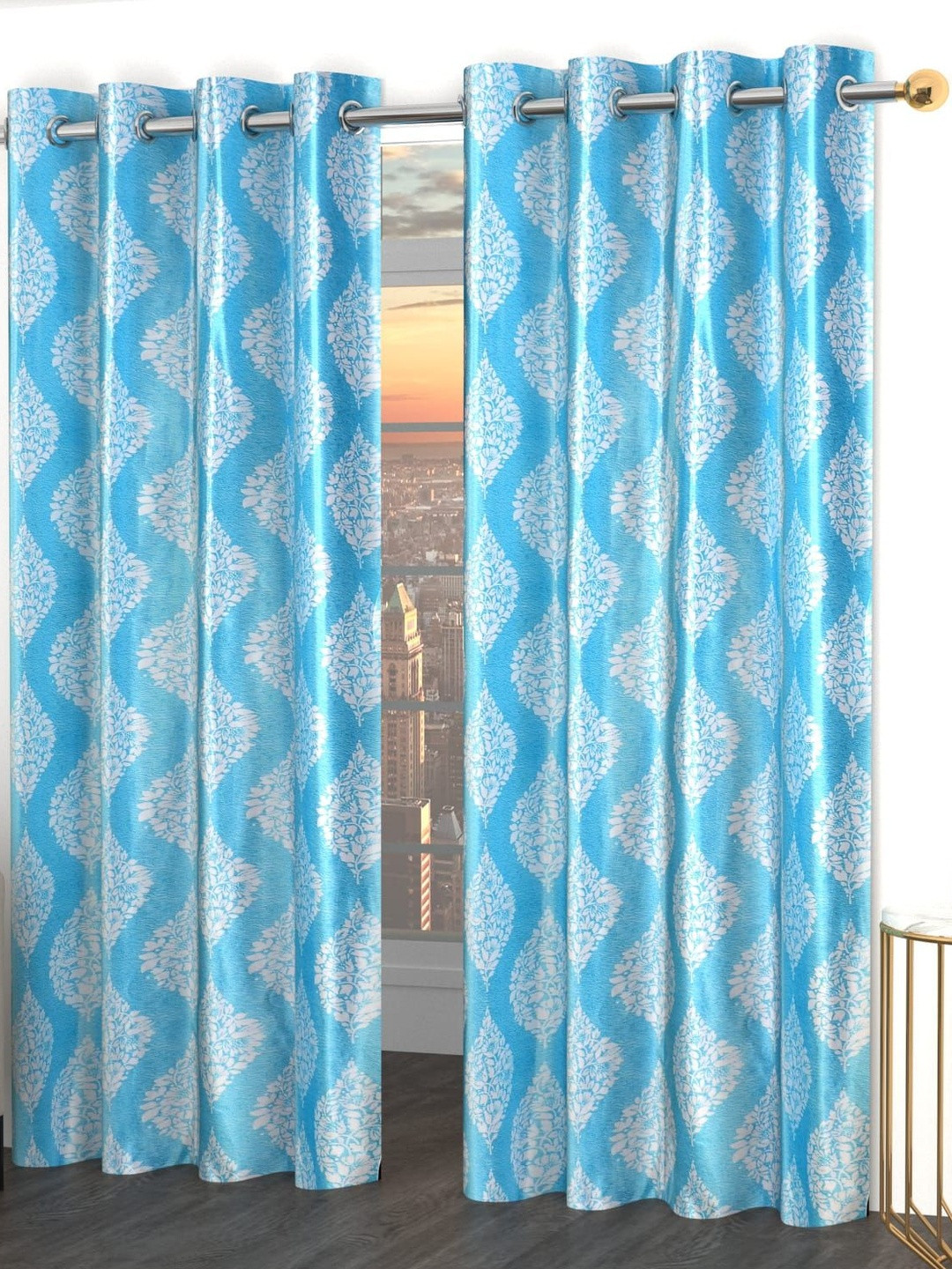 GEET CREATIONS Softy-Damas Blue & White 2 Pieces Printed Room Darkening Window Curtains