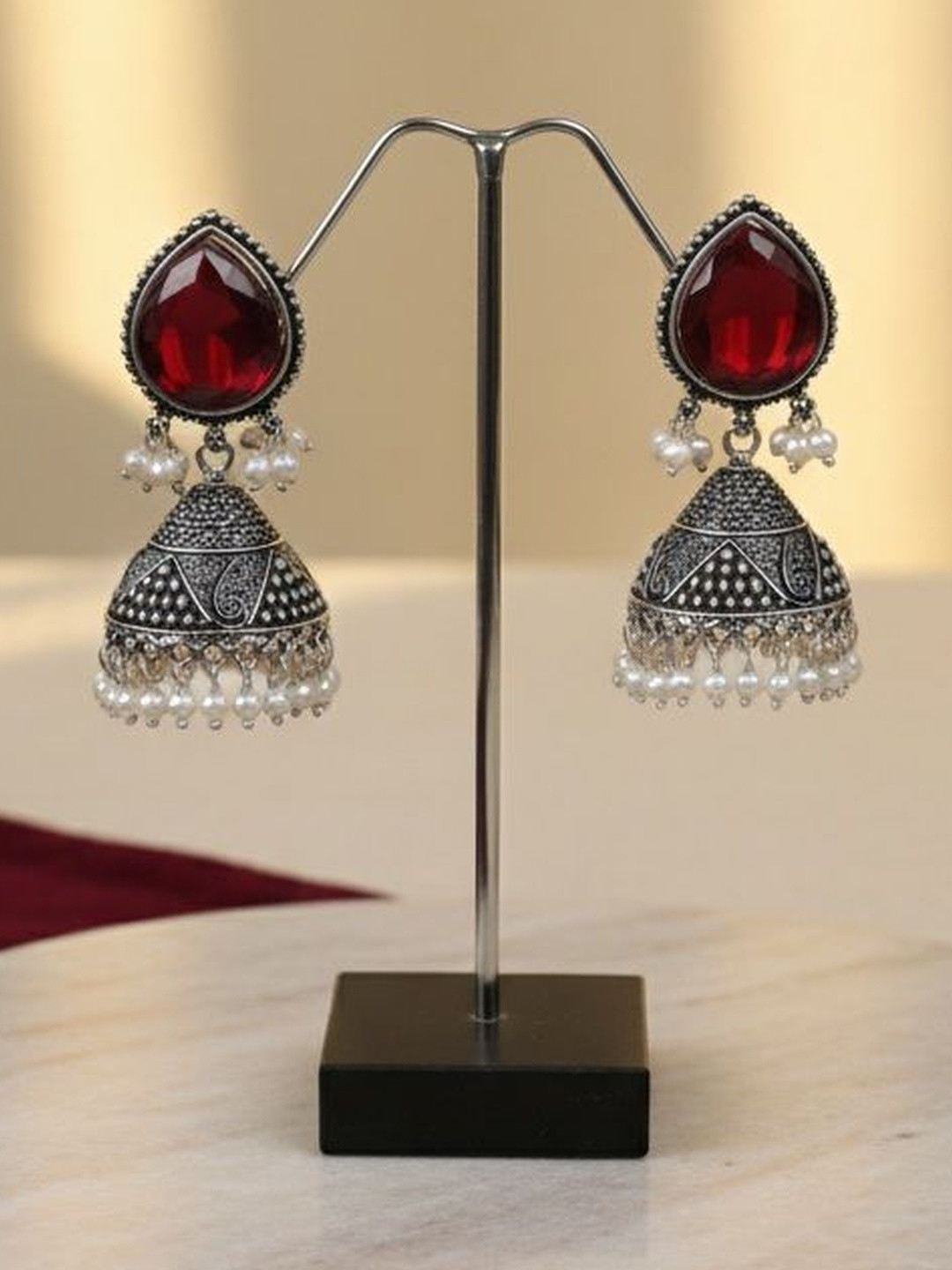 Molika Silver-Plated Artificial Stones studded & Beaded Dome Shaped Oxidised Jhumkas