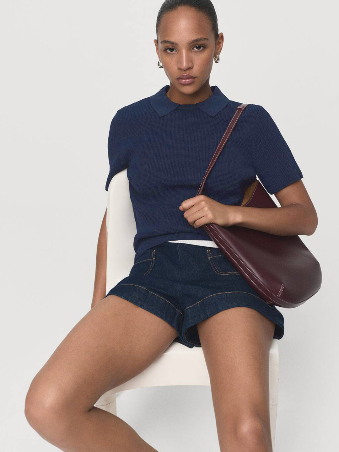 MANGO Ribbed Knit Shirt Collar Top