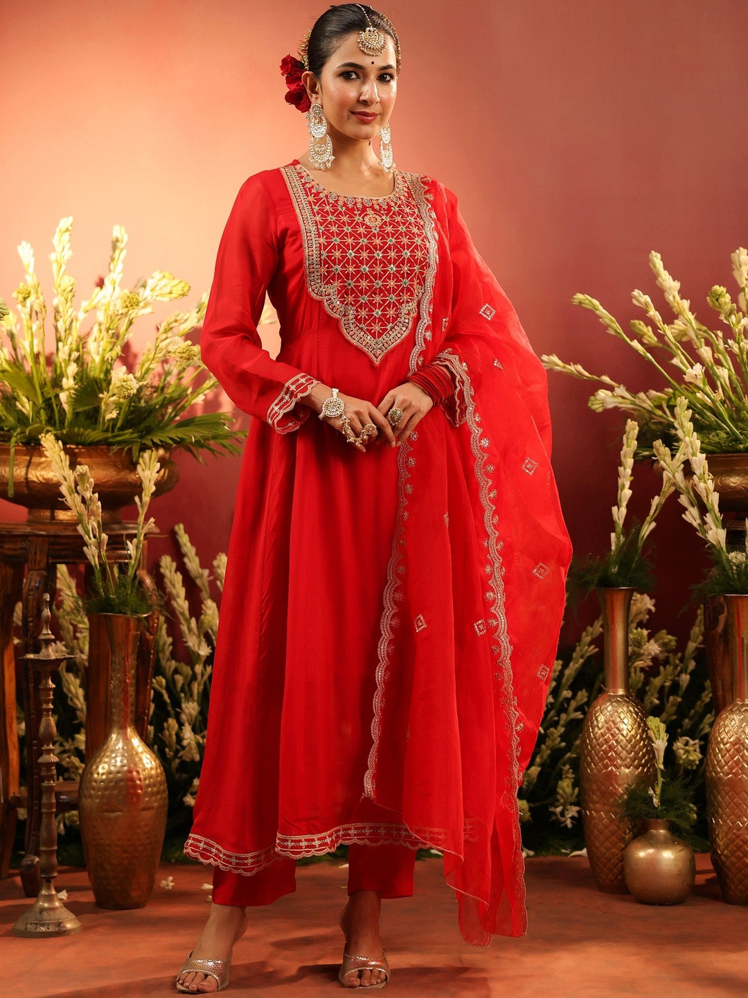 SCAKHI Floral Embroidered Panelled Beads Work Organza Silk Kurta With Trousers & Dupatta