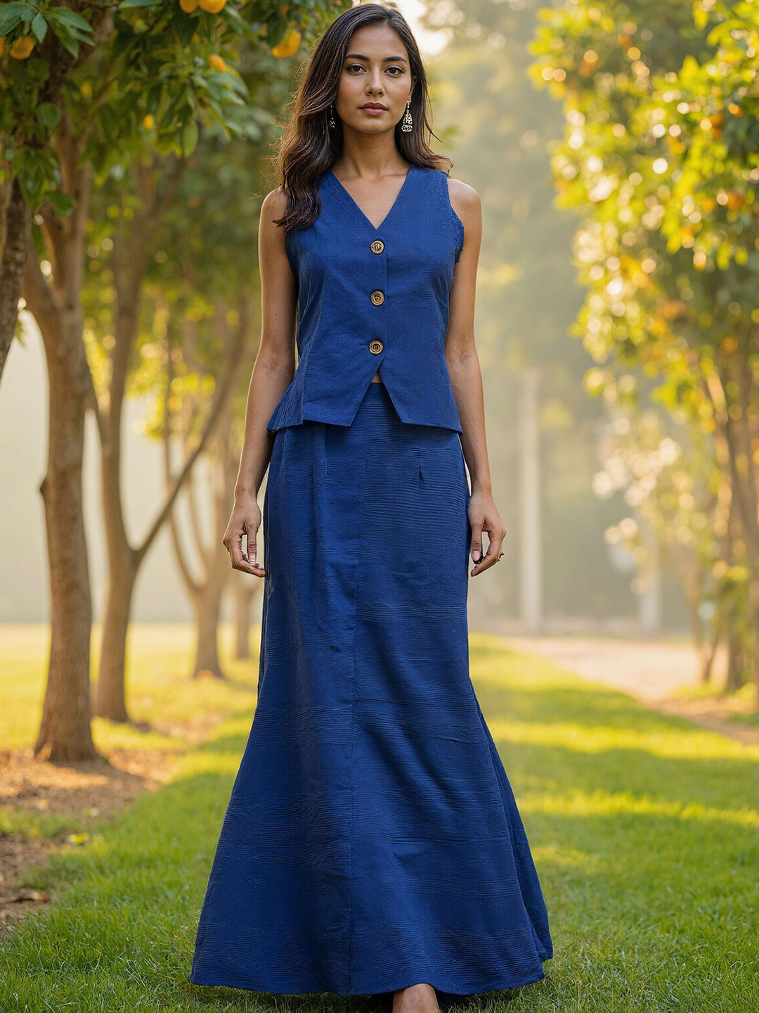 Naava V-Neck Sleeveless Pure Cotton Straight Waistcoat And Maxi Skirt
