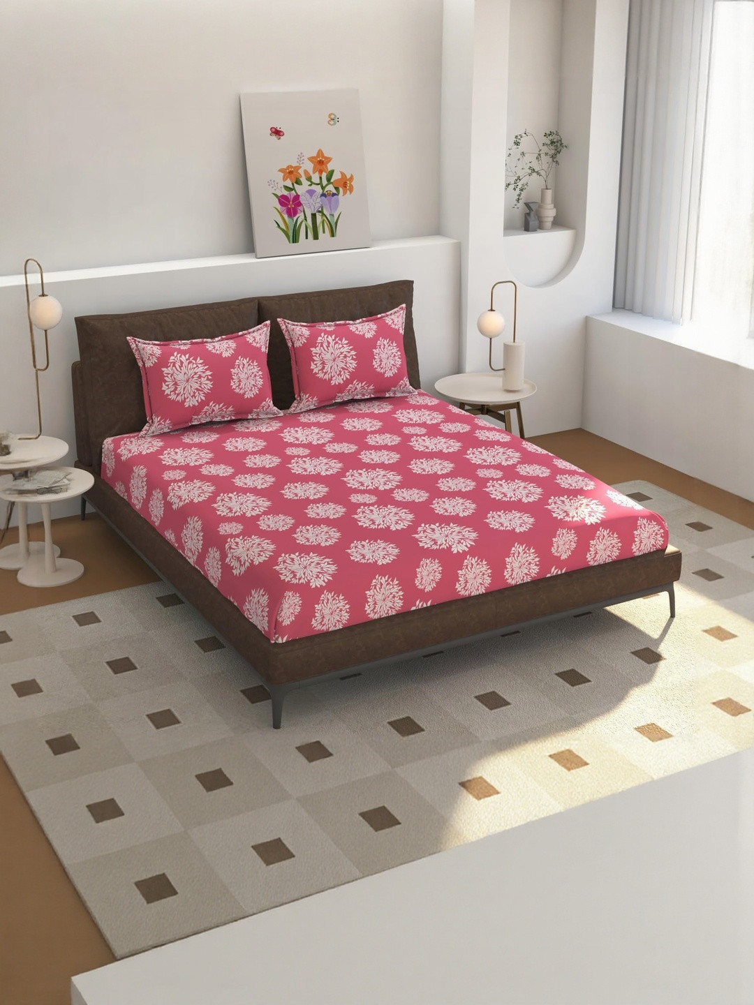 NEW TOWN Pink & White Floral 210 TC King Bedsheet Set