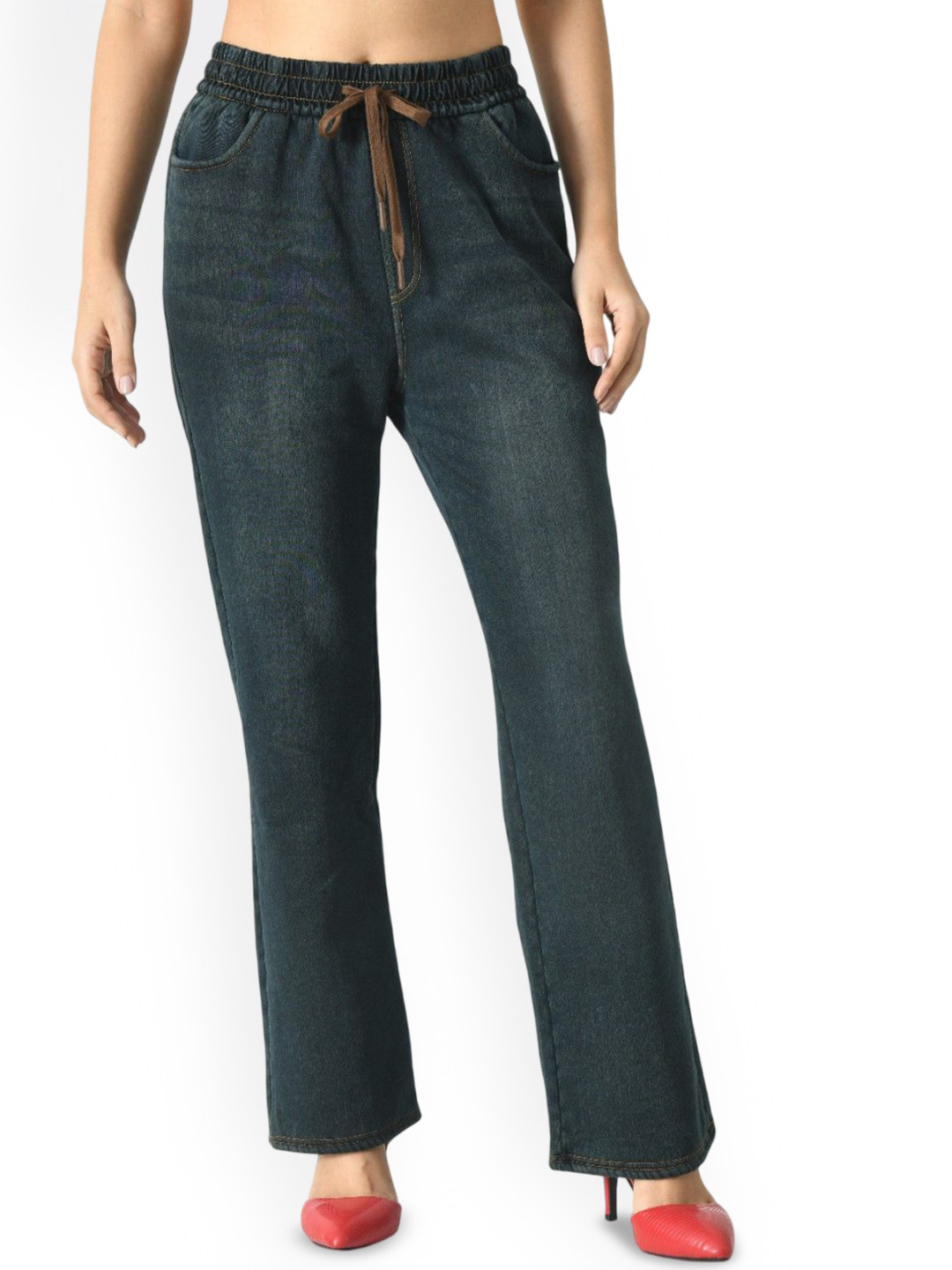 Poftik Women Mid Rise Fleece Lined Woolen Denim Jeggings