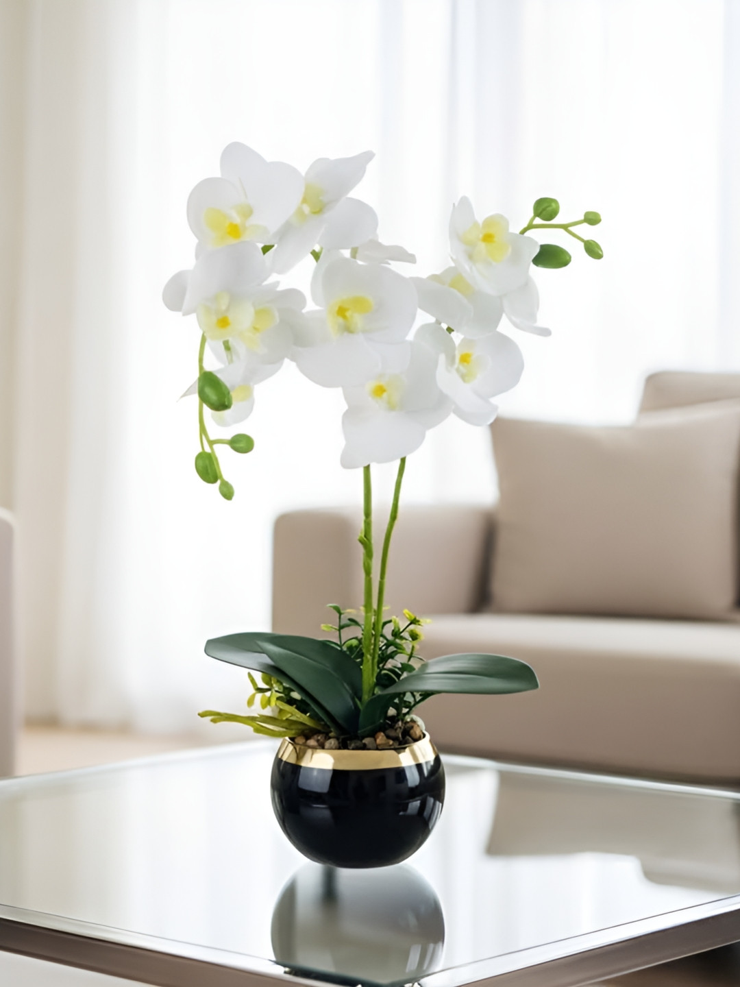 Go Hooked White & Yellow Artificial Orchid Flower With Ceramic Pot