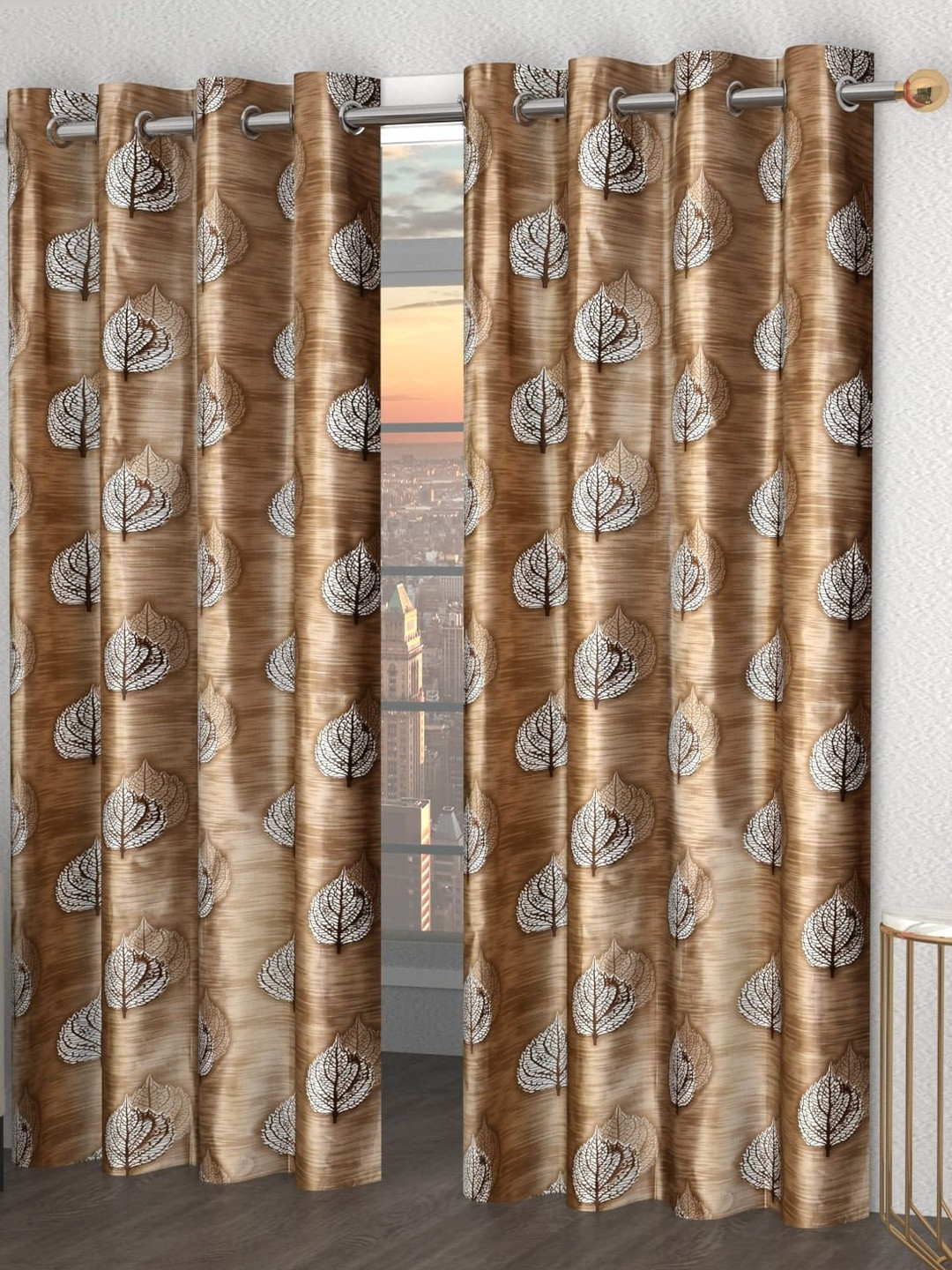 GEET CREATIONS PanPatta Coffee Brown 2 Pieces Printed Room Darkening Window Curtains