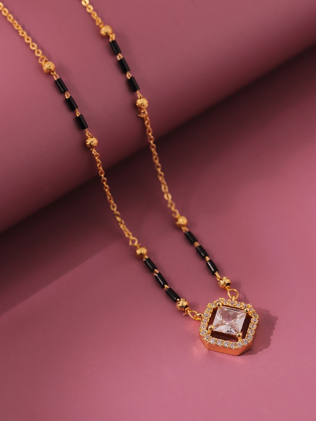 Voylla Tejasvi Gold-Plated American Diamond Stone Studded & Beaded Mangalsutra